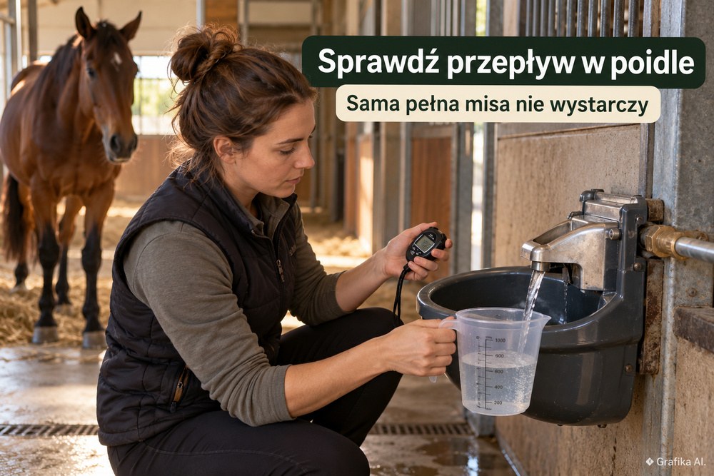 Pomiar przepływu w poidle przy użyciu naczynia z podziałką i stopera – ilustracja AI